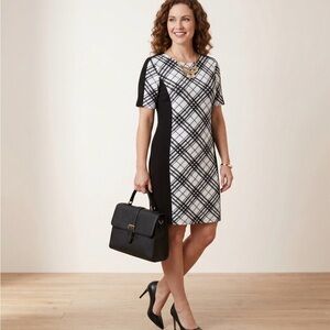 Madison Leigh Size 10 Plaid Sheath Dress Black White Colorblock Workwear ML44